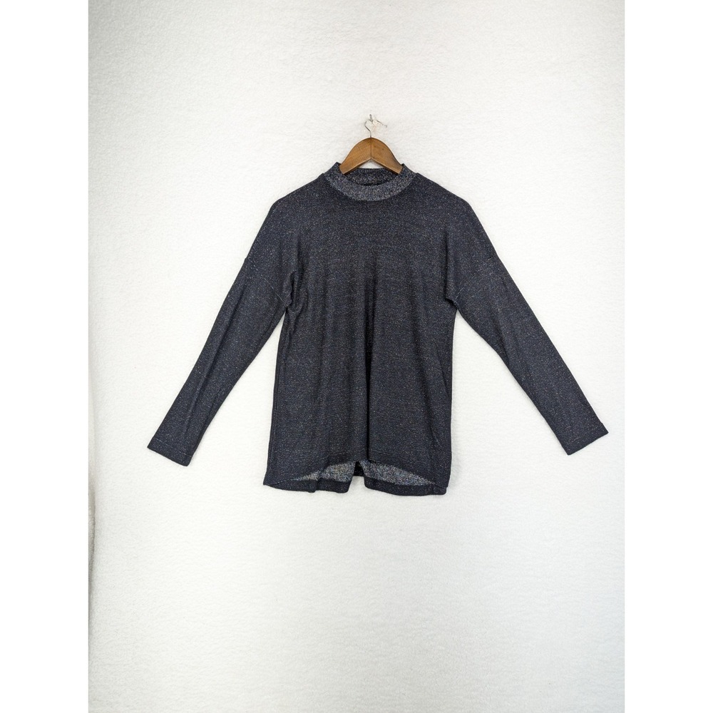 Loup Mock Neck Long Sleeve Sparkle Black Gray Shimmer Glittery Blouse Shirt L - Picture 1 of 8